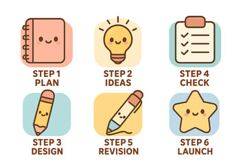 Project development steps in cute illustrated icons with pastel colors planning steps layout