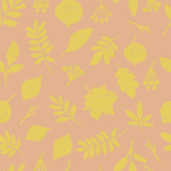 Seamless pattern with various autumn leaves and berries silhouettes. Botanical hand drawn illustration.