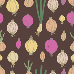 Seamless pattern with hand drawn onions. Repeating vegetable background with red, white and green onions. Food and kitchen concept.