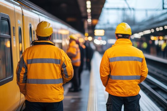 Diverse team of switchmen coordinating train movements at a busy railway station