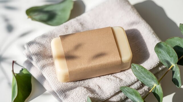 Rectangular soap bar with brown paper packaging on a folded white towel with green eucalyptus leaves and shadows
