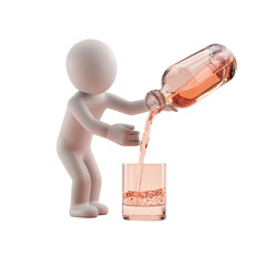 3d white figure pouring liquid from a bottle into a glass, isolated on transparent background