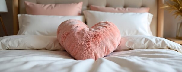 Plush Heart Pillow on Neutral Bed, Romantic Valentines Day Decor, Cozy Bedroom Styling, Close-Up