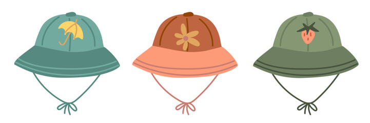 Set of multicolored children's panama hats with ties. Children's hats, outdoor clothing for sun protection. Flat color isolated illustration. Umbrella and strawberry flower patterns on the hat. Unisex