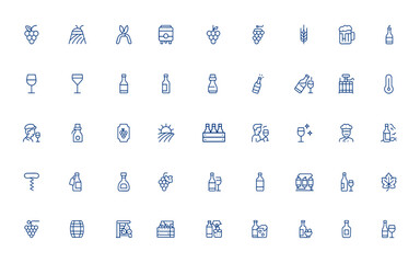 Modern thin line vector icons of winemaking, wine production, brewery, beverage and UI elements. Minimalistic outline illustration with sleek brewery and beverage design and more.