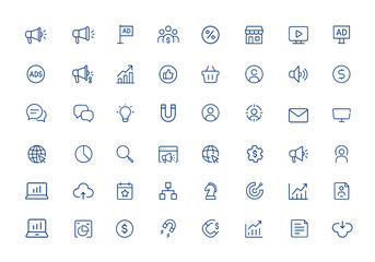 Minimalist marketing icon pack featuring business vector symbols for campaign, ads, market, social commerce, digital content, advertising, clients, target, communication, editable stroke and more.