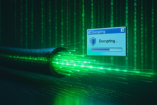 Digital Encryption in Fiber Optic Cable: A dynamic scene where a bundle of green illuminated fiber optic cables conveys digital data while the encryption process is in progress with a security icon.