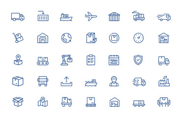 Minimalist logistics icon set in vector line style. Includes transportation, export, shipping, operation, plane, container, freight, delivery, cargo, supply, warehouse, commerce and more.