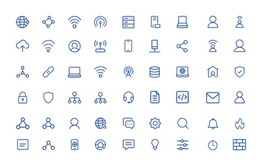 Network and communication icon pack. Linear outline icons for web, cyberspace, server, connection, computer, hosting, digital data, wi-fi, technology, client, device, automation and more.