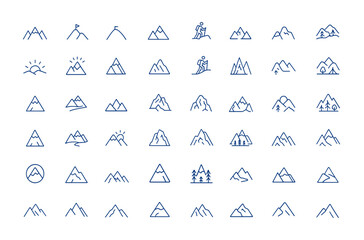 Minimalist thin line mountain icons pack with climb, peak, hill, explore, climbing, outline and vector editable stroke. Clean mountain vector icons with minimalist thin outline style and more.