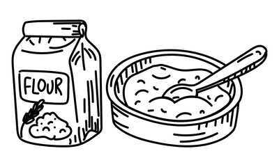 A bag of flour and a flour mixture in a bowl for making dough. Grunge, shading, marker, ink. Dough for pizza, pasta, and pie. Monochrome drawing with black lines on a white background.