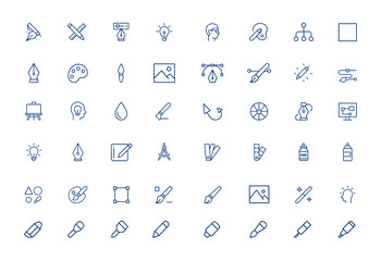 Creative minimalist design icon collection with thin UI vector strokes. Includes artistic symbols for graphic, paint, idea, drawing, and editable modern illustration and more.