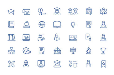 Minimalist vector icons pack featuring thin outline university symbols: graduation, academic cap, diploma, bachelor, scholarship, graduate, learn, education, study, knowledge, campus and more.