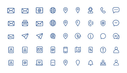 Business contact icons in thin linear style. Editable minimalist stroke icons for mail, envelope, globe, location pin, service, and communication, perfect for UI design, web, apps and more.