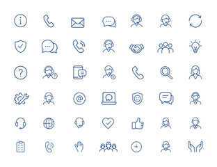 Customer Support icon pack featuring line pictograms for info, contact, chat, call, excellent service, business communication. Minimalist editable vector icons with stroke, help and more.