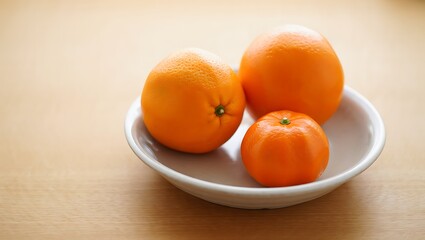 Fresh Oranges and a Mandarin on a White Plate Resting on a Wooden Table Top Ideal for Healthy Eating Promotions