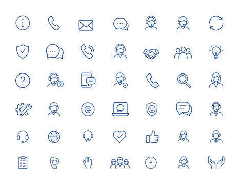 Customer Support icon pack featuring line pictograms for info, contact, chat, call, excellent service, business communication. Minimalist editable vector icons with stroke, help and more.