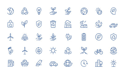 Linear style sustainability icons with editable stroke. Minimal trendy earth icons featuring eco, environment, ecology, environmental symbols, nature, green, conservation and more.