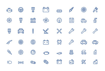 Automotive icon set of minimal auto parts symbols. Editable vector art and illustration for vehicle repair, service, parts, auto maintenance, car components, garage, mechanic, workshop and more.
