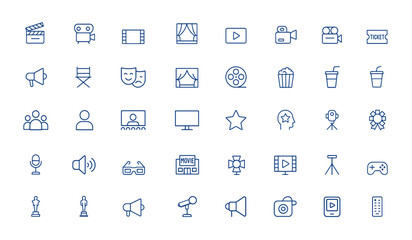 Minimalist vector film icons for cinema, media, theater, multimedia, and television. Line illustration artwork and media vector icon collection, entertainment, digital, movie and more.