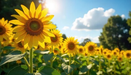 Obraz premium Sunflowers Basking in Golden Sunlight A Tranquil Summer Scene in a Picturesque Park. Perfect for nature, summer, happiness, and tranquility themed projects.