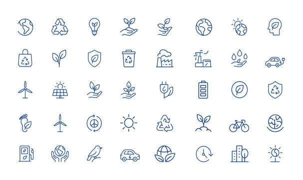 Linear style sustainability icons with editable stroke. Minimal trendy earth icons featuring eco, environment, ecology, environmental symbols, nature, green, conservation and more.