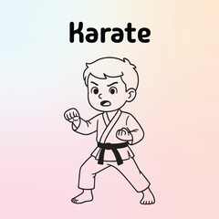 Cute line art illustration of a young boy practicing karate, wearing a gi with a black belt, standing in a fighting stance. Perfect for children’s activity books, sports education, and martial arts de