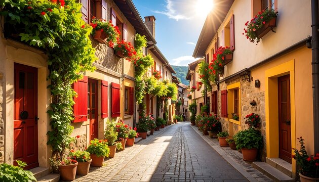 Charming European street with vibrant red flowers and rustic architecture