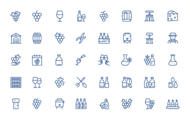 Winemaking line icons featuring minimalist linear pictograms of vine, fruit, beverage, cheese, cork, winery, and production. Ideal for website, infographic, conceptual design, wine labels and more.