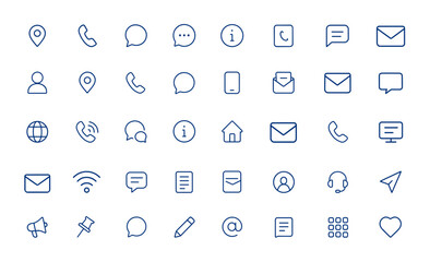 Editable vector communication icons: minimalist linear contact pictograms featuring location, call, chat, info, address, and messaging symbols for modern UI design, mobile apps, and websites