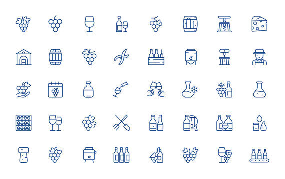 Winemaking line icons featuring minimalist linear pictograms of vine, fruit, beverage, cheese, cork, winery, and production. Ideal for website, infographic, conceptual design, wine labels and more.