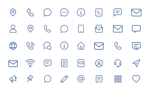 Editable vector communication icons: minimalist linear contact pictograms featuring location, call, chat, info, address, and messaging symbols for modern UI design, mobile apps, and websites