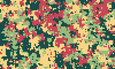 Abstract digital camouflage pattern in muted reds, greens, and yellows.  Perfect for backgrounds, textures, or militarytactical designs.  The pixelated style adds a modern, versatile aesthetic.
