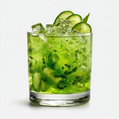 Refreshing green cocktail, garnished with cucumber slices and mint