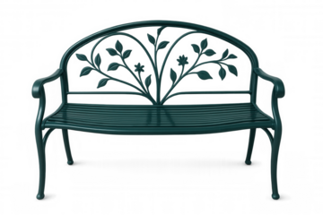 Metal park bench featuring ornate floral pattern, resting on transparent background, ideal for architectural rendering and landscape design