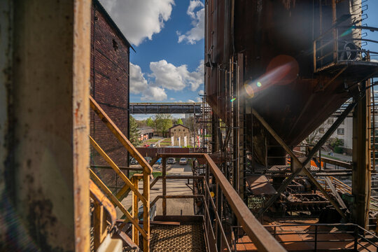 Abandoned Heavy Industrial Ruins with Large Blast Furnace in Steelworks