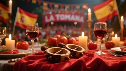 A festive table setup with red wine, tomatoes, candles, and Spanish flags for La Tomatina celebration.