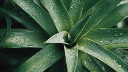 Fototapeta premium Fertilizing Pineapples. Lush green plant leaves with droplets of water glistening in natural light.