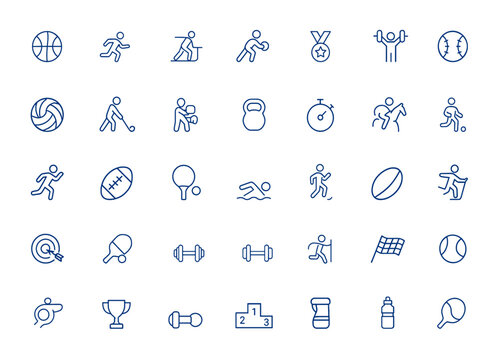 Minimalist sports icons with editable stroke. Linear vector signs for competition, athletics, exercise, game, activity, recreation, tournament, fitness, match, event, challenge and more.