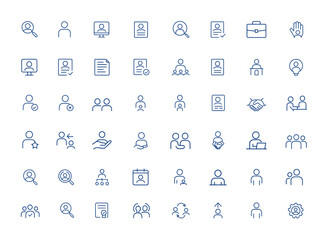 Minimalist linear headhunting icons with editable stroke, recruitment, hiring, employment, job search, talent acquisition, staffing, career, workforce, human resources, vector illustration and more.