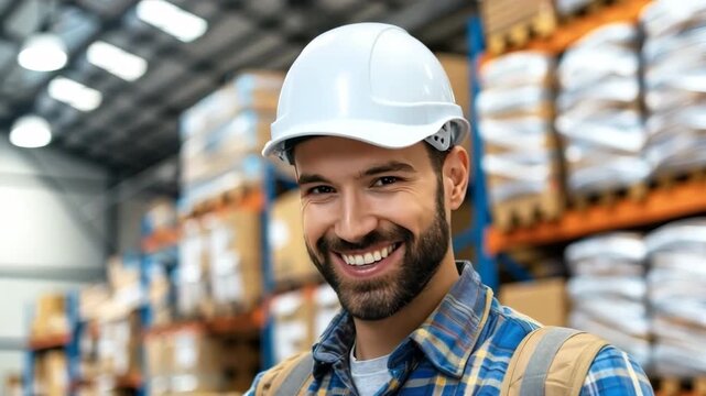 Warehouse worker wearing safety helmet and plaid shirt in storage facility with stacked goods