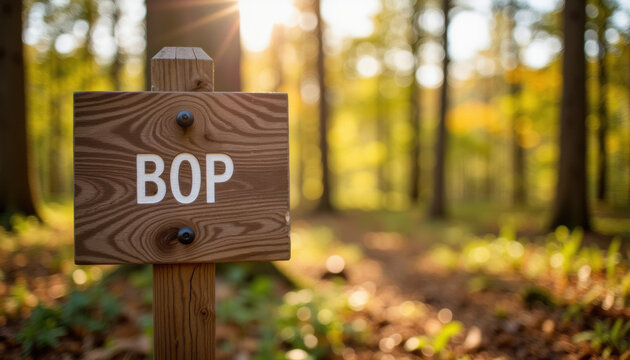 Wooden directional sign reading 'BOP' in sunlit forest path  