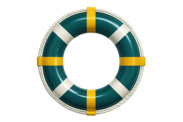 Obraz premium Teal maritime lifebuoy with yellow stripes, hanging on rope and floating, symbolizing nautical safety and emergency rescue preparedness