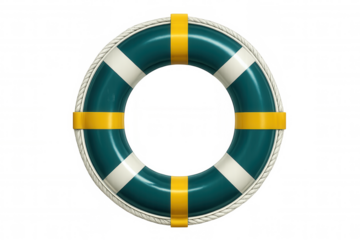 Teal maritime lifebuoy with yellow stripes, hanging on rope and floating, symbolizing nautical safety and emergency rescue preparedness