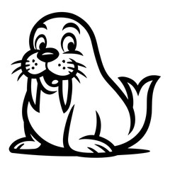 A cute and friendly cartoon walrus with large tusks, depicted in a black and white line art style. This charming sea animal character is perfect for a mascot or logo design.