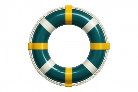 Teal maritime lifebuoy with yellow stripes, hanging on rope and floating, symbolizing nautical safety and emergency rescue preparedness