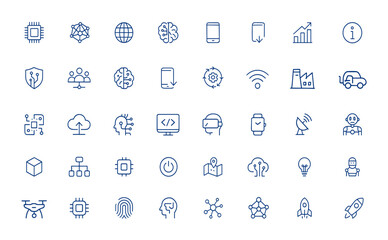 Icons of Future Technology: simple line web symbols for cyber, network, business, industry, artificial intelligence, phone, graphic, information, pixel perfect, modern technology and more.