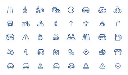 Traffic icons with minimalist editable stroke for mobile and web apps. Includes road, pedestrian, jam, way symbols. Vector illustration for navigation, transport, direction, urban and more.