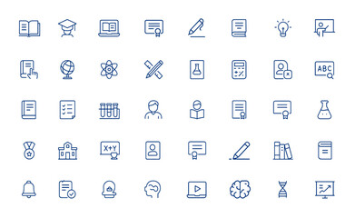 Minimalist study icons for education, literature, e-book, certificate, pen, student, teacher, learning tools, academic symbols, web icons, vector design, knowledge, school, writing, reading and more.