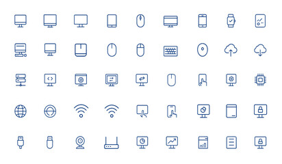 Minimalist computer and PC icon with editable vector stroke, featuring desktop, tablet, device, technology symbols, modern digital interface, tech gadget, UI design and more.